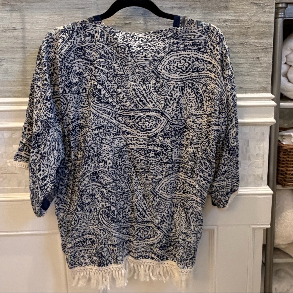 One size Anthropologie roffe kimono cardigan top blue white print paisley tassle - Picture 9 of 9